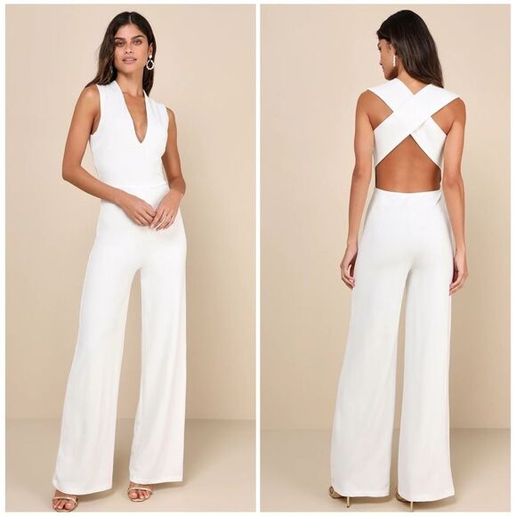 Lulus Thinking Out Loud White Backless Jumpsuit Size XL NEW NWT - Picture 1 of 15